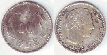 1884 Denmark 10 Ore A001561